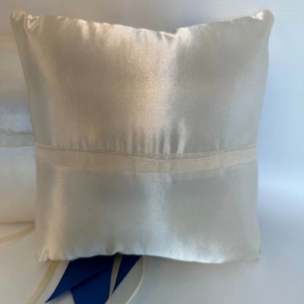 Wedding Ring Bearer Pillow Ivory Satin Royal‎ Blue Ribbon Bow Set of 2
